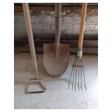 Shovel, rake, hoe