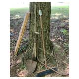 Shovel, broom, hoe, two boards