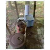 Buckets, tote with phones and trophies, wire, more