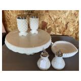 Milk glass hob nail dish, S&P shakers, cake stand