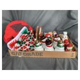 Salt and pepper shakers and Christmas items.