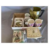 Vintage cups, pitcher, clock  and more