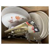 Plastic plates, tongs, more