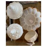 Milk glass candy dishes, egg dish and compote.