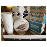 (3) bird decanters, milk glass vase and Shepard