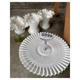 Milk glass vase, platter, S&P shakers