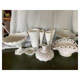 Milk glass bowls, vases, more