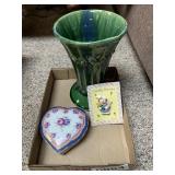 McCoy vase (approx 10"), heart shape dish, pin