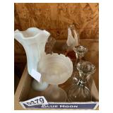 Carnival glass, glass basket & pink tray, more