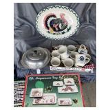 Christmas serving trays, metal bowl/ lids/