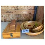 Wooden bowls, box, and shoe polish