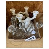 Hobnail candlesticks and shoes, green glass and