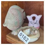 Native American pottery,  wooden fish and shells