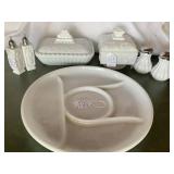 Milk glass candy dish, S&P shakers, more