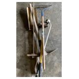 Rake, sledge hammer, pick axe, shovel and more