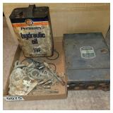 Vintage oil can (empty), electrical fuse box and