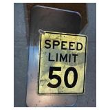 Speed limit sign, metal drip pan