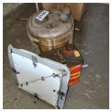 Gas cans and trailer warning signs