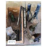 Several vintage car Jacks, car stands wooden
