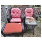 (2) patio chairs, ottoman and table