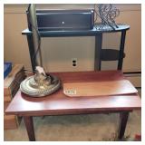 Floor lamp, shelves, small desk and small table