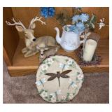 Figurines, pitcher, candle , wood look plate