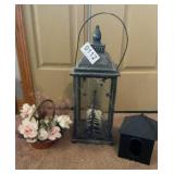 Tin candle lamp, copper kettle w flowers , more