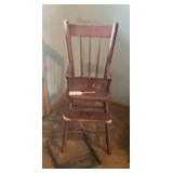 Antique high chair w/ red paint , extra tray