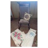 Antique Folding Rocker, linens