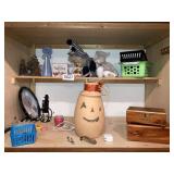 Jewelry boxes, pottery jack o lantern, train