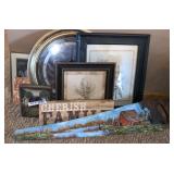 Painted saw, pictures, clock and more