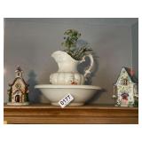 Bowl and pitcher, ceramic houses