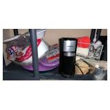 Coffee maker, paper plates, wood, charger and