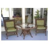 48" Round Resin Wicker Table & 2 Cushioned Chairs