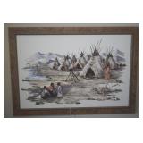Signed M Barrick Oil on Canvas Indian Encampment