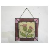 Vintage Hooked Rug Thistles w/ Stain Glass Frame