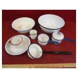 9 Pc Enamelware "White Bowls, Dipper & More"