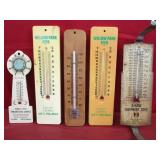 4 Advertising Thermometers & 1 Wood Base