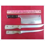 2 Old Homestead Butcher Knives & Meat Cleaver