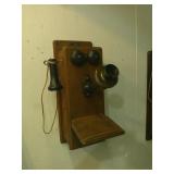 Antique Oak Hand Crank Telephone 21" x 8" x 7"