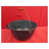 Blue Speckled Enamelware Kettle w/ Wood Bail