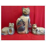 3 Folk Art Style Hand Painted Ceramic Cats -