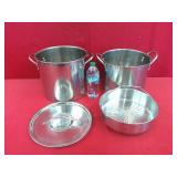 2  Stainless Steel Stock Pots w/ 1 Lid & 1 Basket