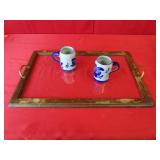 Brass & Glass Wood Frame Tray