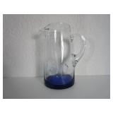 Hand Blown Clear Glass Pitcher w/ Cobalt Blue Base