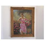 Framed Print of a Woman in the Garden w/ Flower