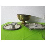 Lg Copper Pedestal Bowl, 2 Silver Plate Trays