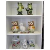 Contents of Shelf - Garden Decor, Frogs, Owls,
