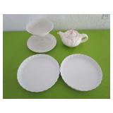 2 White Porcelain 9" Dishes & Tea Pot & Tiered