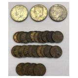 (3) 1964 Kennedy Halves & (24) Wheat Leaf Pennies